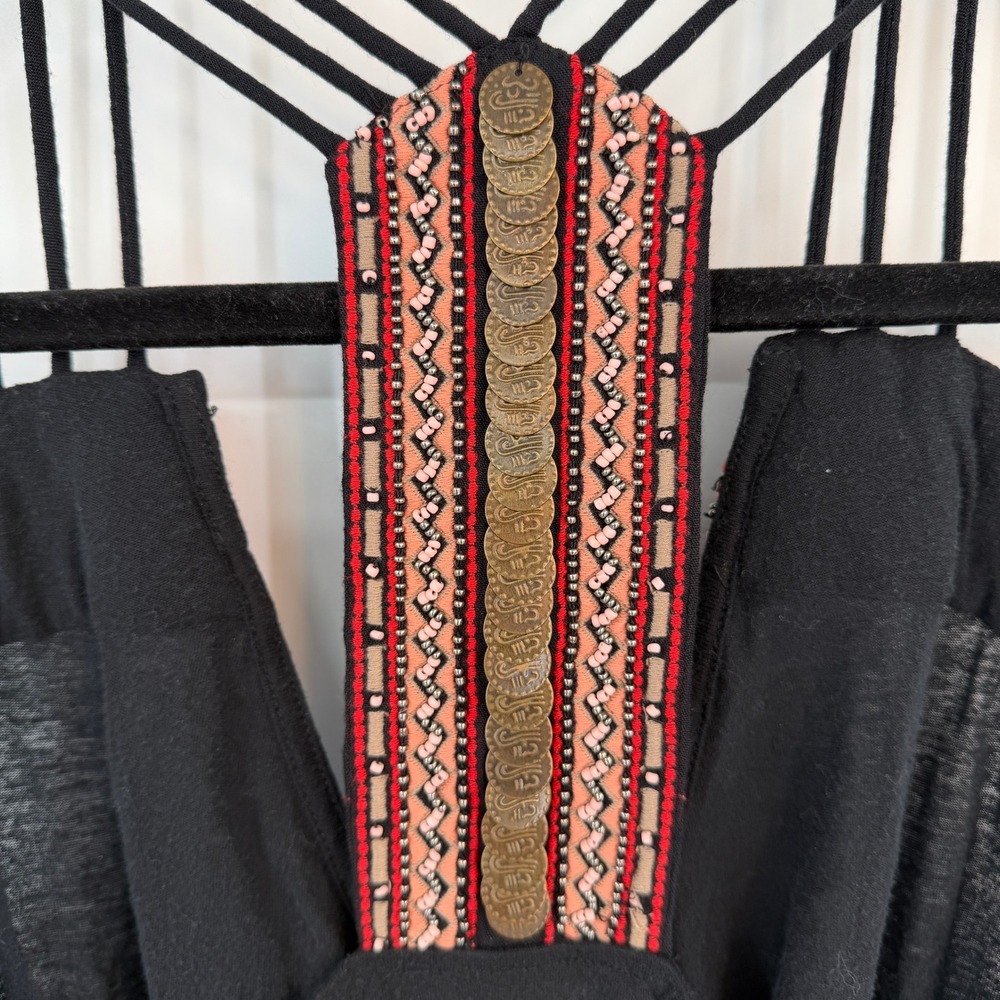 Free People We The Free Black Coin Beaded Cage Back Tank Top Medium Gypsy Boho - Picture 8 of 11